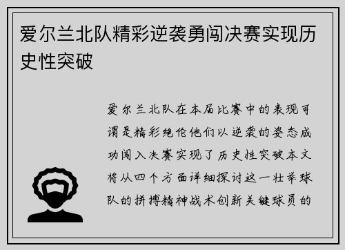 爱尔兰北队精彩逆袭勇闯决赛实现历史性突破