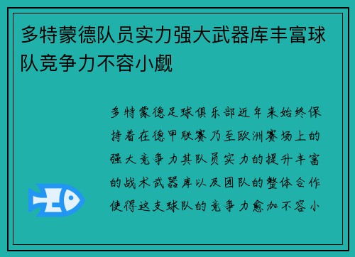 多特蒙德队员实力强大武器库丰富球队竞争力不容小觑