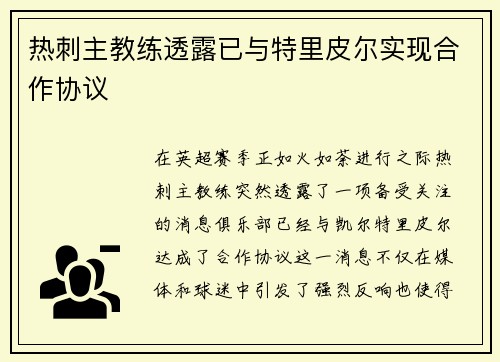 热刺主教练透露已与特里皮尔实现合作协议