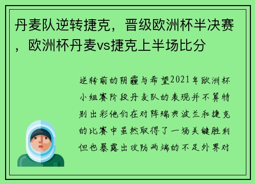 丹麦队逆转捷克，晋级欧洲杯半决赛，欧洲杯丹麦vs捷克上半场比分