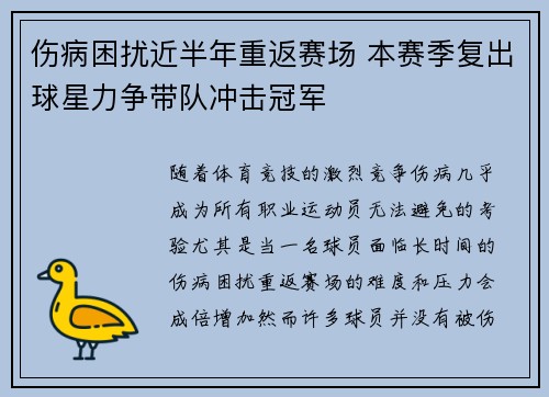 伤病困扰近半年重返赛场 本赛季复出球星力争带队冲击冠军